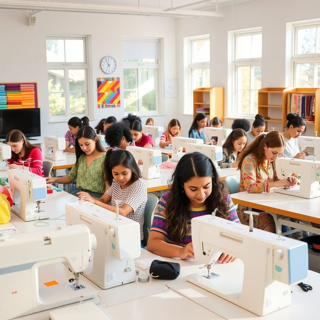 Beginner sewing class in action